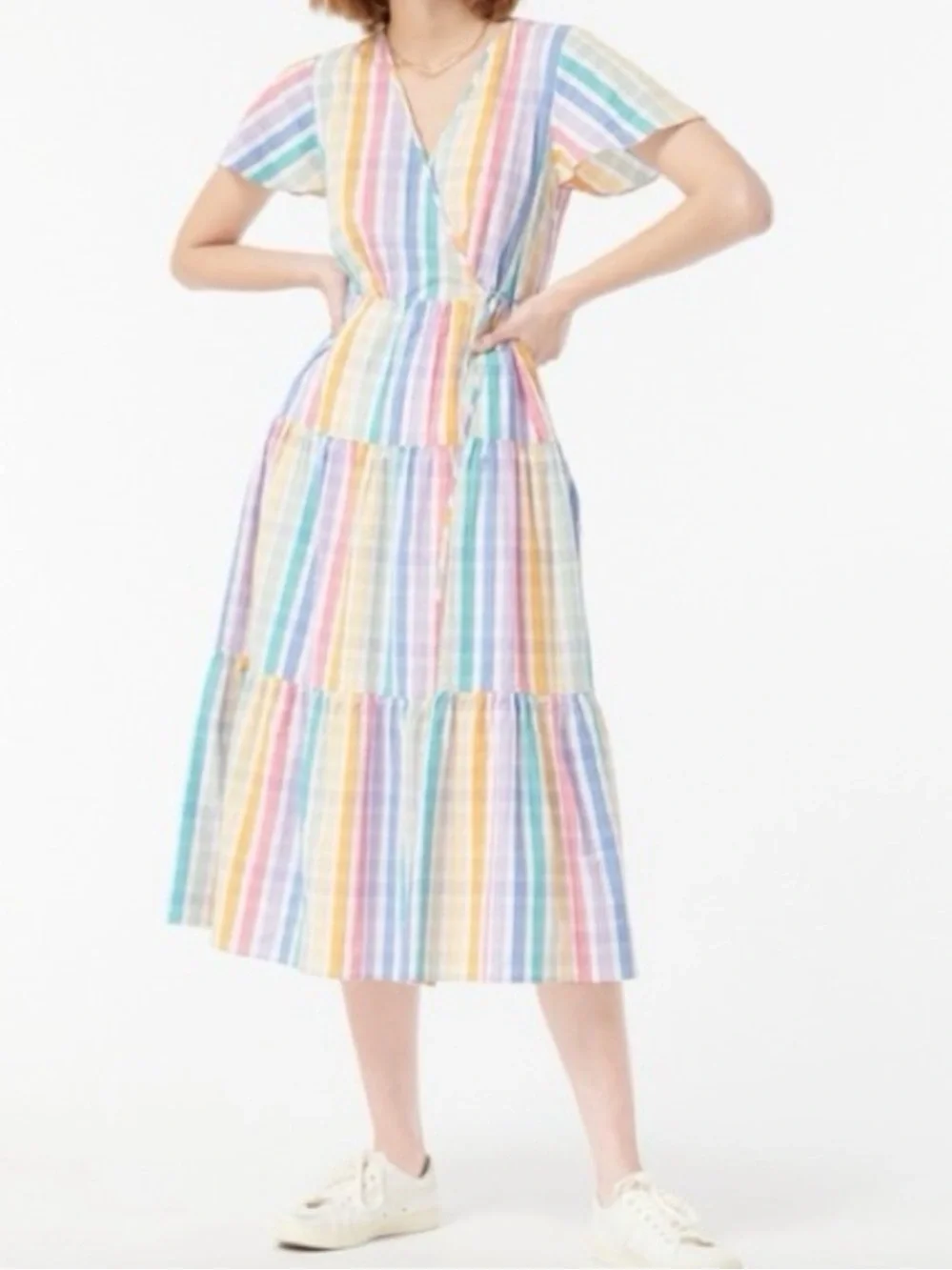 J. Crew Pastel Multi-Stripe Wrap Midi Dress